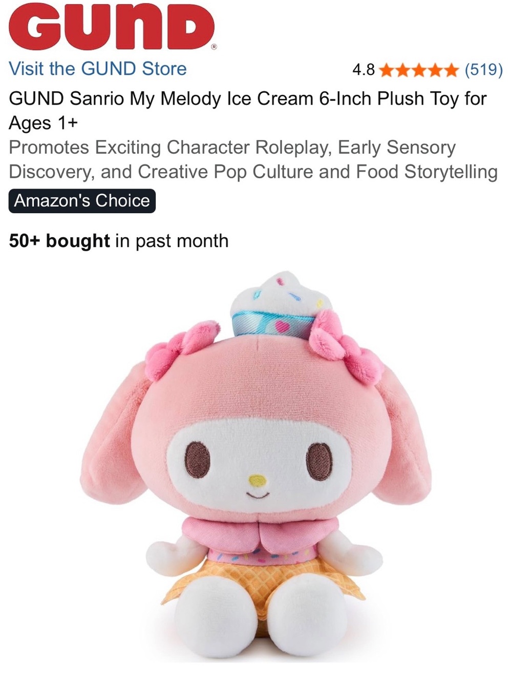 GUND My Melody Pink & White Ice Cream Plush
